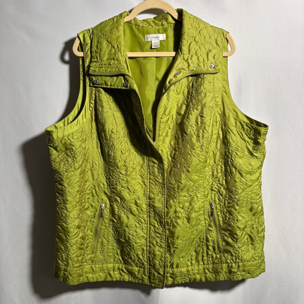 CJ Banks Green Quilted Zip Vest 2X Iridescent‎ Boho Casual Comfort Outdoor